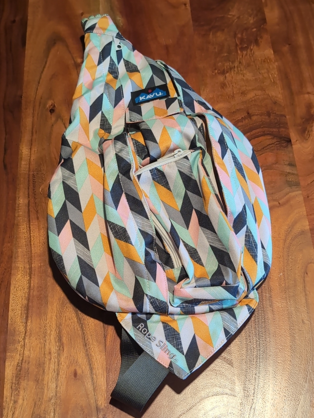 Kavu Multicolor Geometric Rope Sling Bag - Mint, Peach, Gold, Black, Gray